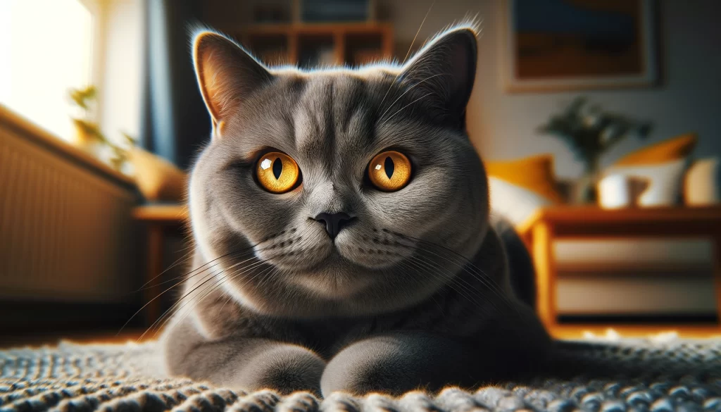 Close-up of a serene British Shorthair cat lounging indoors, with distinctive large, bright yellow eyes and a dense, grey coat, embodying the breed's charm in a warm, cozy home environment.