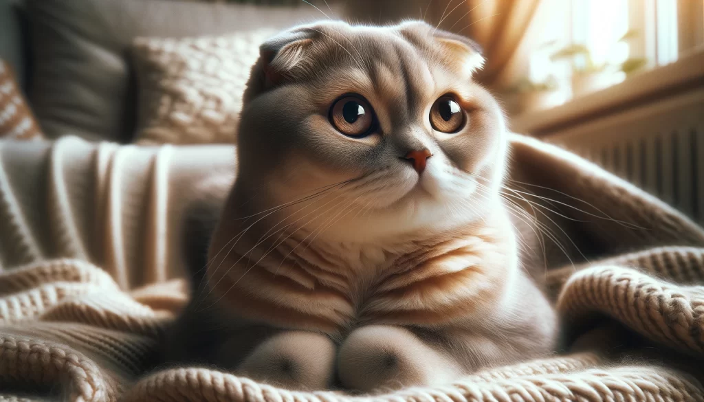 Realistic image of a Scottish Fold cat in a cozy setting, showcasing its distinctive folded ears, round face, and expressive eyes, with a focus on the texture of its fur and overall charm, rendered in 4K UHD quality, dimensions 1200x630 pixels.