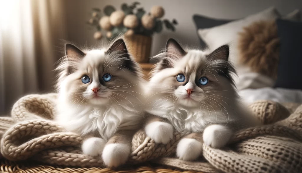 Realistic image of playful Ragdoll kittens with striking blue eyes and fluffy semi-long fur, showing characteristic color points, in a cozy indoor environment, captured in 4K UHD quality, dimensions 1200x630 pixels, highlighting their gentle and affectionate nature.