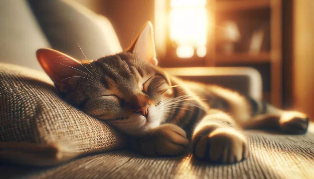 Realistic image of a housecat napping peacefully on a soft cushion inside a warm and inviting home, showcasing the serene and content moment in 4K UHD quality, dimensions 1200x630 pixels, highlighting the comfort and simplicity of everyday life with a pet.