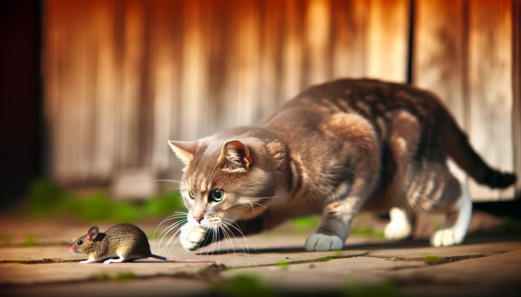 Realistic image of a cat in mid-action, intensely focused on hunting a mouse, showcasing its natural instincts and agility in a rustic indoor or outdoor setting, rendered in 4K UHD quality, dimensions 1200x630 pixels, highlighting the dynamic tension and anticipation of the hunt.