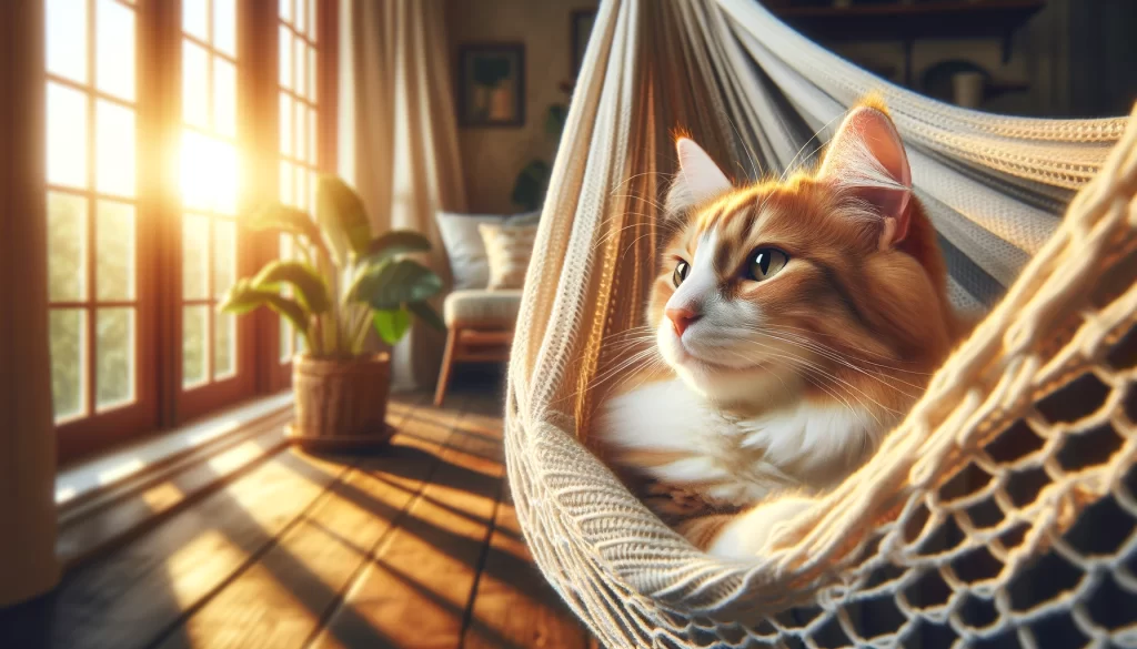 Realistic image of a cat lying in a hammock, gazing out the window, bathed in sunlight filtering through, highlighting its relaxed expression and the texture of the hammock, in a serene indoor setting, captured in 4K UHD quality, dimensions 1200x630 pixels.