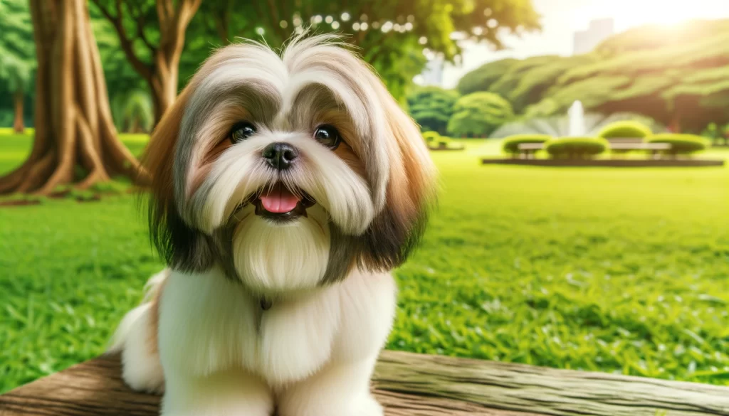 Realistic image of a joyful Shih Tzu dog at the park, showcasing its distinctive long, flowing coat and friendly demeanor, set against a lush green background, captured in 4K UHD quality, dimensions 1200x630 pixels.