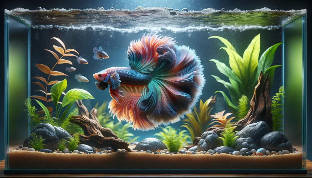 Highly realistic image of a vividly colored Betta fish swimming in a fish tank, with intricate fin details visible. The tank is adorned with naturalistic elements like aquatic plants and rocks, creating a serene underwater scene. The Betta fish's graceful movements and striking colors are highlighted against the calm tank environment, rendered in 4K UHD quality, dimensions 1200x630 pixels.