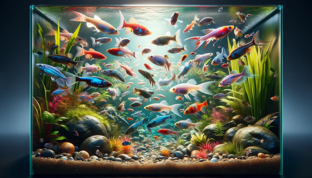 Realistic image of a personal aquarium featuring Guppies, Neon Tetras, and Corydoras Catfish swimming in a vibrant, well-planted tank, highlighting the dynamic interaction between the colorful fish species and the lush aquatic plants, rendered in 4K UHD quality, dimensions 1200x630 pixels.