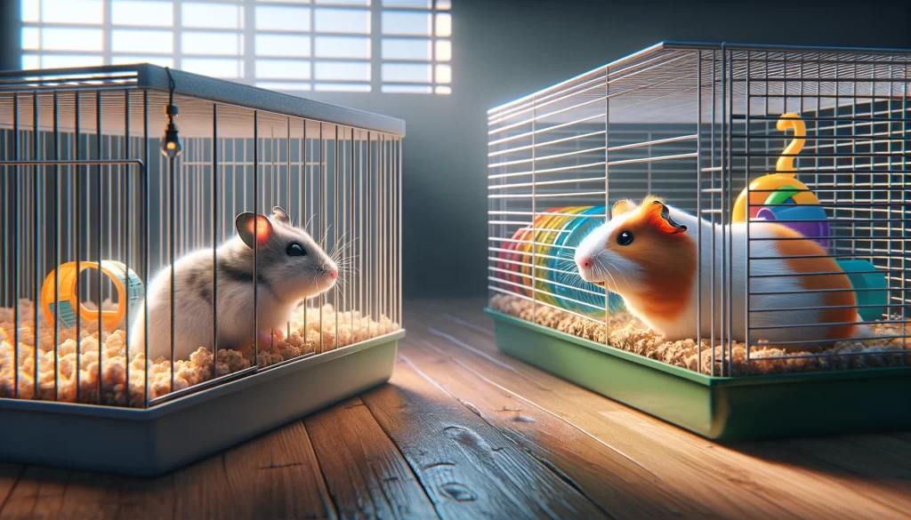 Realistic image of a hamster in its cage and a guinea pig in an adjacent cage, showing each pet interacting with their environment, including bedding, wheels, and water bottles, set in a well-lit indoor setting, rendered in 4K UHD quality, dimensions 1200x630 pixels, depicting the charming life of popular small pets.
