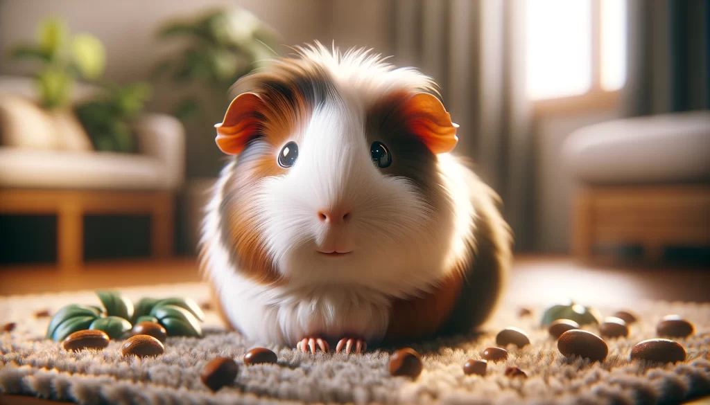 Highly realistic image of a guinea pig displaying its soft fur, expressive eyes, and round body in a comfortable and safe environment, showcasing the pet's natural behavior and personality, rendered in 4K UHD quality, dimensions 1200x630 pixels.