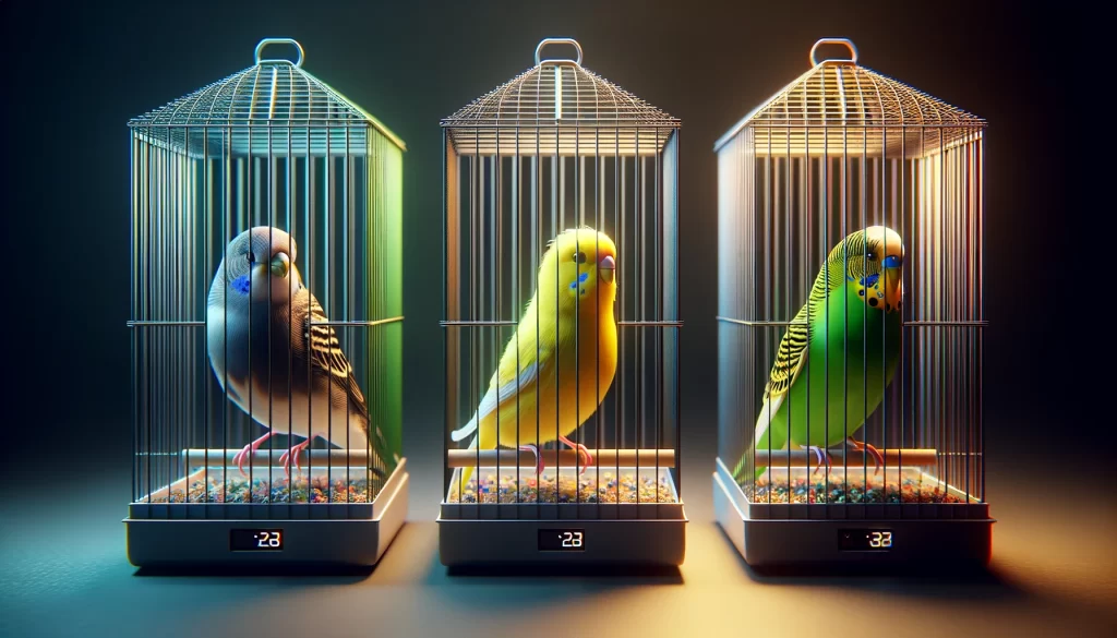 Realistic image of three cages side by side, each containing a different bird species: a finch with subtle hues, a vibrant yellow canary, and a bright green and blue budgie. The cages are equipped with perches, water dishes, and toys, set in a well-lit indoor environment, rendered in 4K UHD quality, dimensions 1200x630 pixels, highlighting the beauty and diversity of popular pet birds.