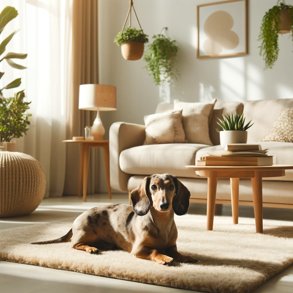 A well-lit apartment living room showcasing a dapple dachshund resting on a plush rug, surrounded by light-colored furniture including a beige sofa and wooden coffee table, complemented by hanging indoor plants adding greenery to the space.